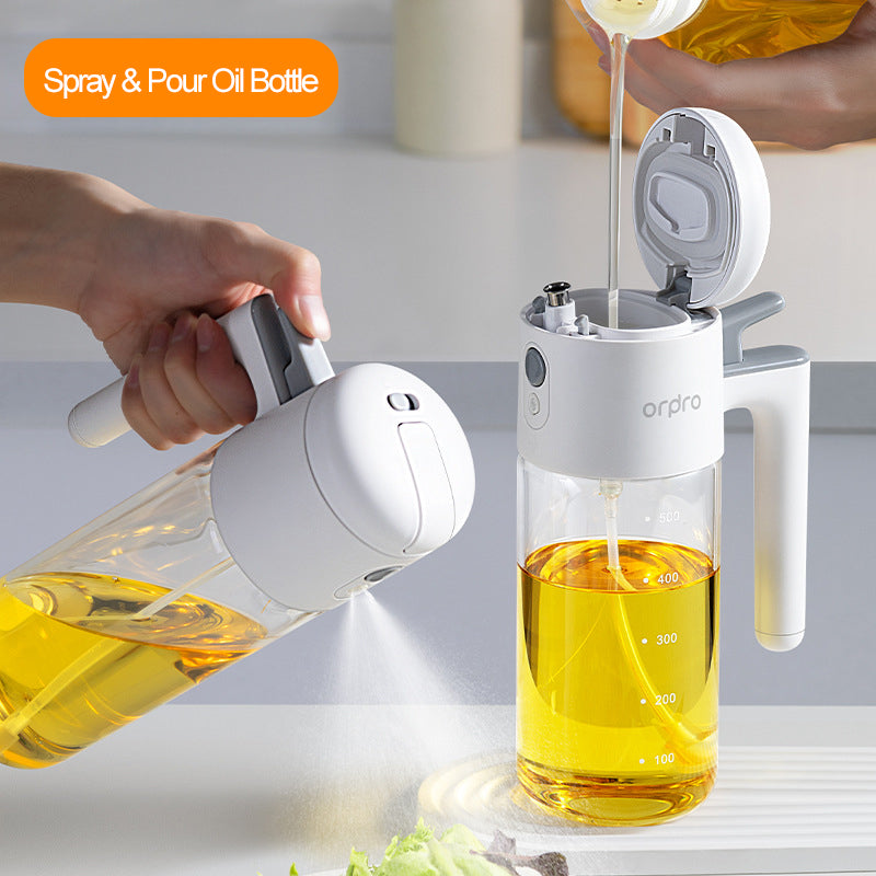 2-in-1 Spray & Pour Oil Bottle - Auto-Open Lid, High Borosilicate Glass, Non-Drip Design | Multi-Purpose for Oil, Vinegar, Soy Sauce | All-in-One Home Kitchen Tool